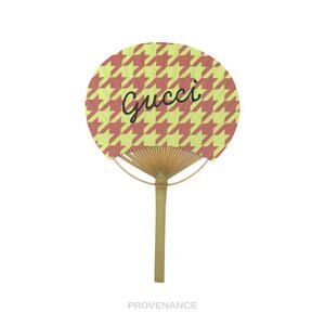 🔴 Gucci Logo Bamboo Hand Fan - Houndstooth Pink Yellow